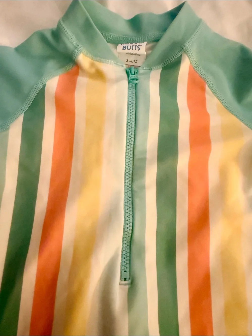 Rugged Butts Kids Front-Zip Rashguard Sunsuit in Aqua with Multi Stripes